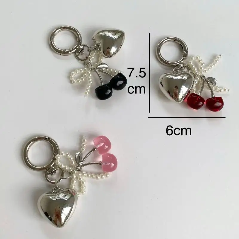 New【Fashion 3D Crystal Cherry Keychain Pearl Bow Silver Heart Pendant Keyring Women Bag Accessories Gifts】