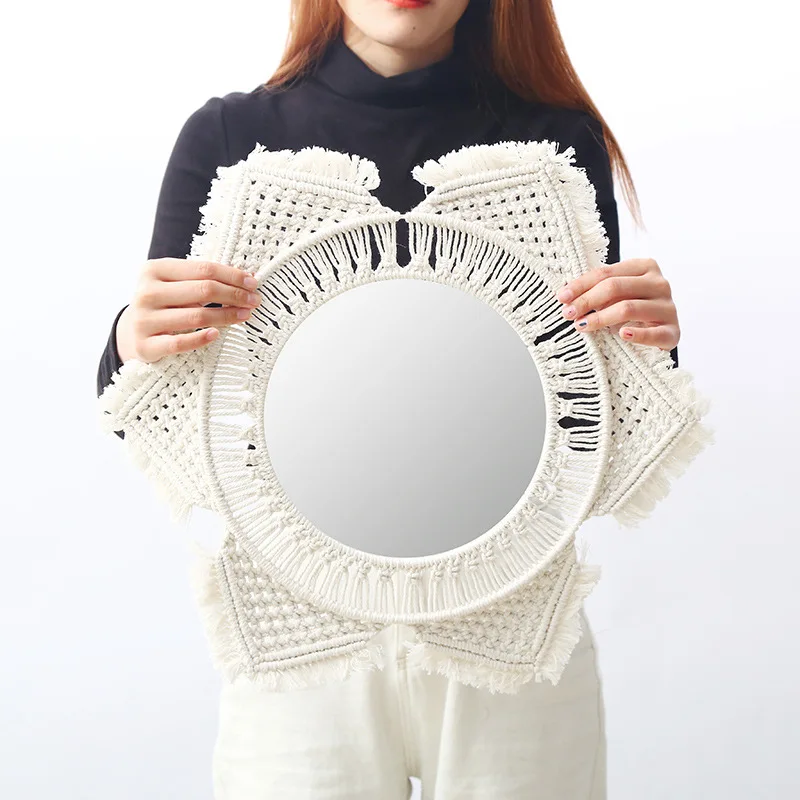 Floral Tassel Macrame Round Mirror, Woven Cotton Fringe Wall Mirror for Entryway Apartment Ornament