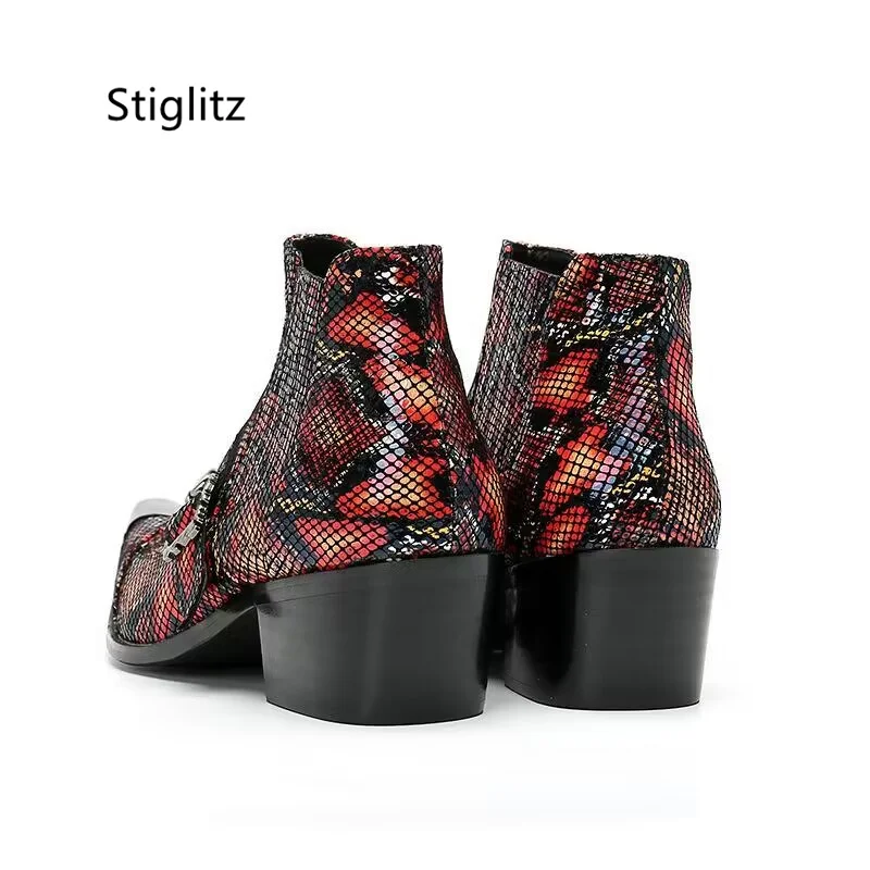 Belt Buckle Print Graffiti Ankle Boots Mixed Colors Slip On Men\'s Genuine Leather Chelsea Boots Metal Decor Man High Heels Shoes