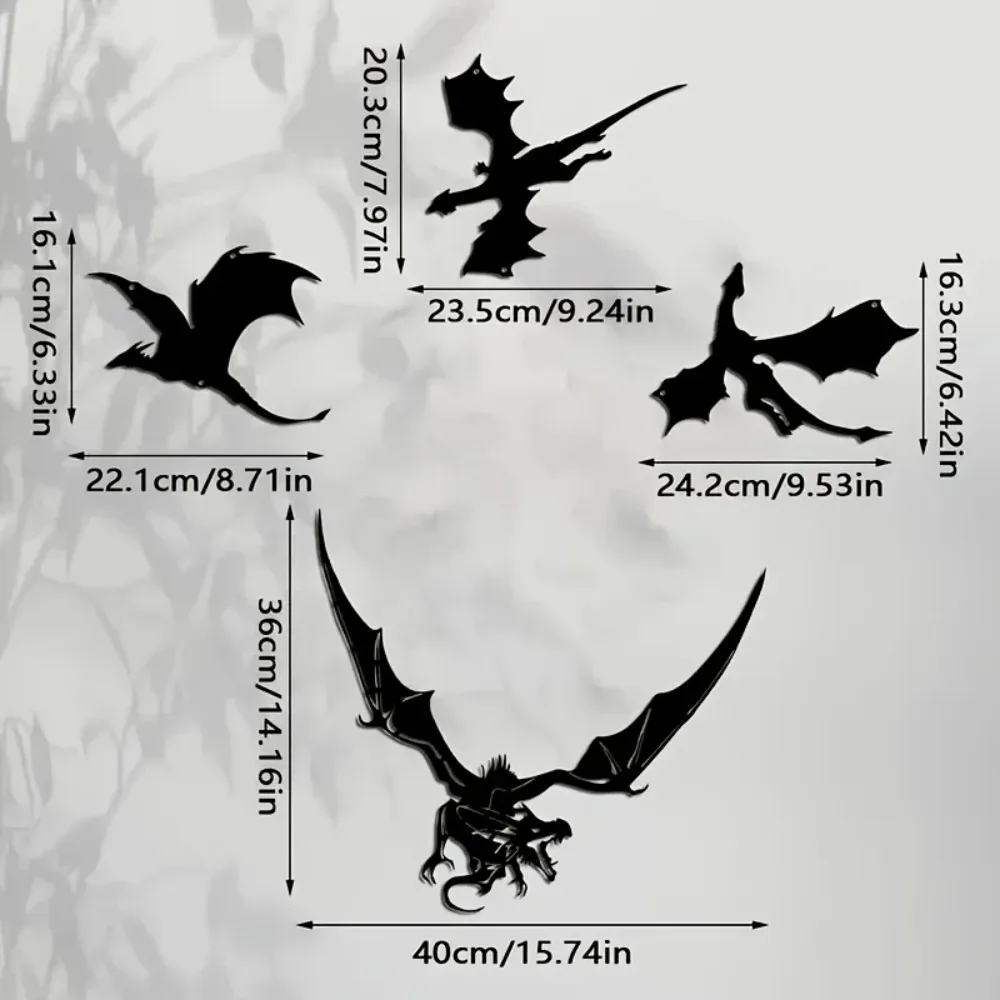CIFBUY Metal Wall Art 4Pcs Dragon Iron Wall Decor 2D Flat Fantasy Home Patio Balcony Garden Outdoor Hanging Decoration Gift