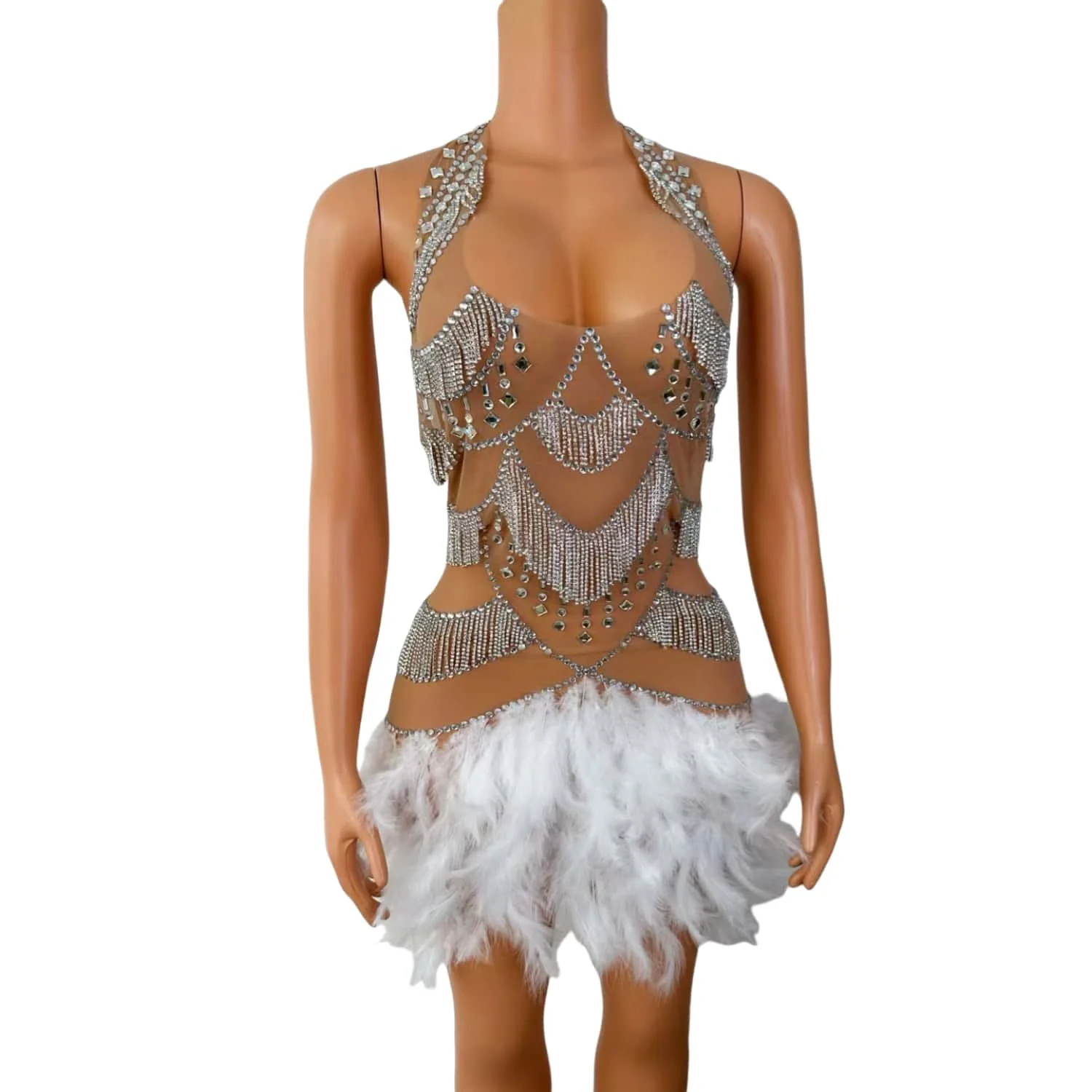 

Fudiao Elegant Women Prom Gowns Sexy Neck Hanging Perspective Mesh Splicing Feather Skirt Bar Performance Dress Birthday Dress