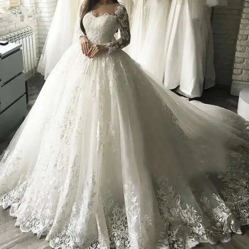 Customized New Scoop Neck Heavy Appliques Ballgown Wedding Dress Vestido Noiva Casamento Long Sleeves Puffy Buttons Back Brid