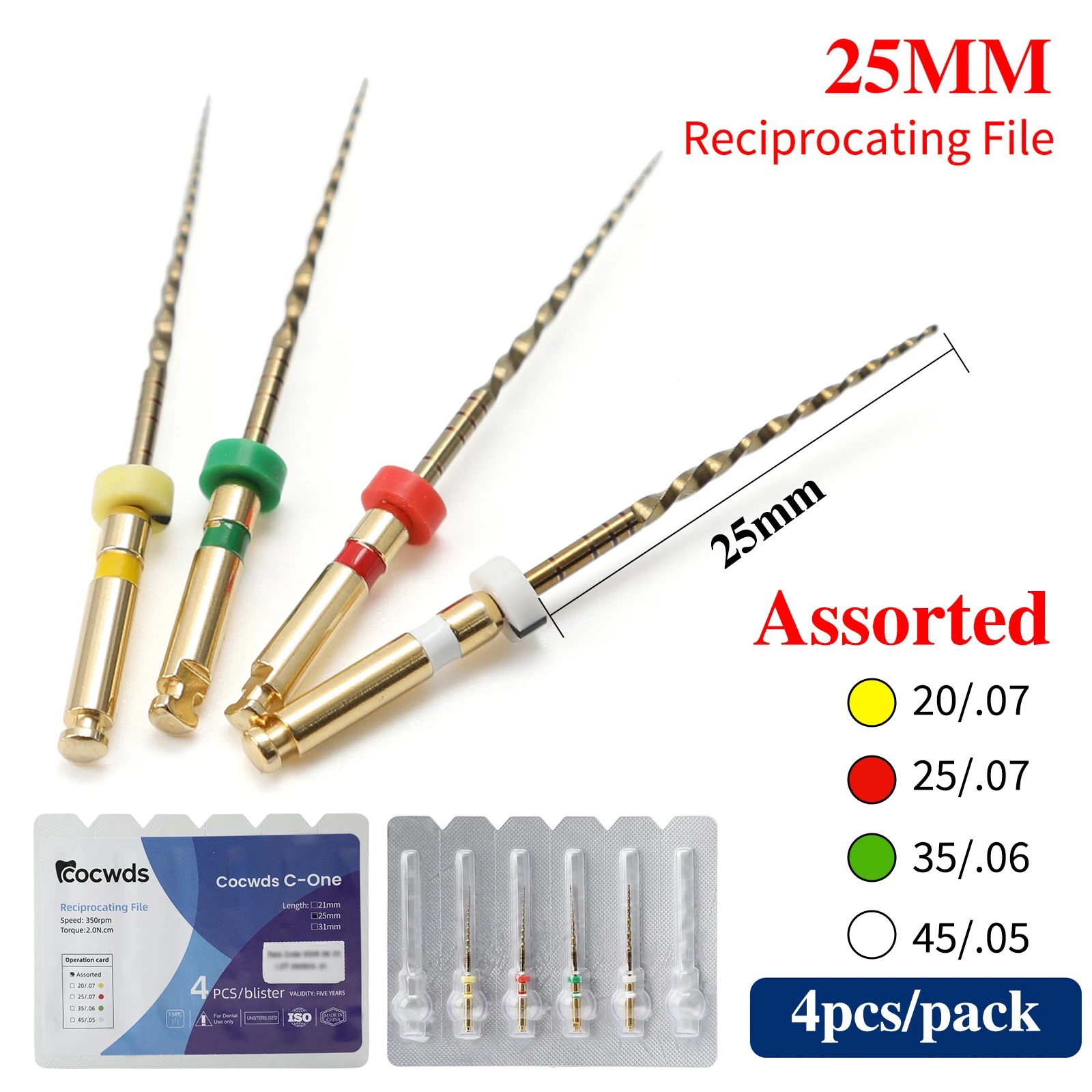 25mm Assorted Dental Reciprocating Files Rotary Endodontic Engine File Endo Motor Root Canal Treatment 4pcs/Set