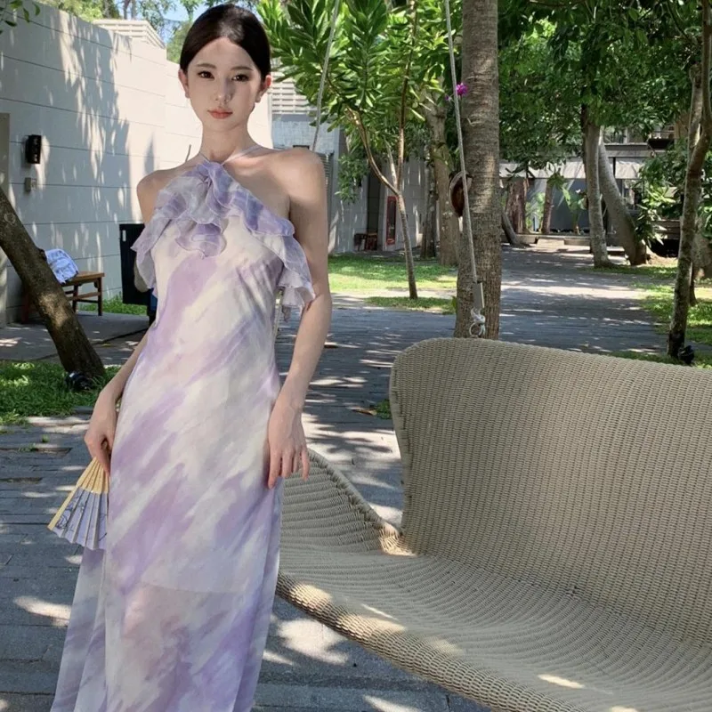 

French Printed Water Droplet Lotus Leaf Collar Hanging Neck Suspender Dress, Seaside Vacation Romantic Long Dress