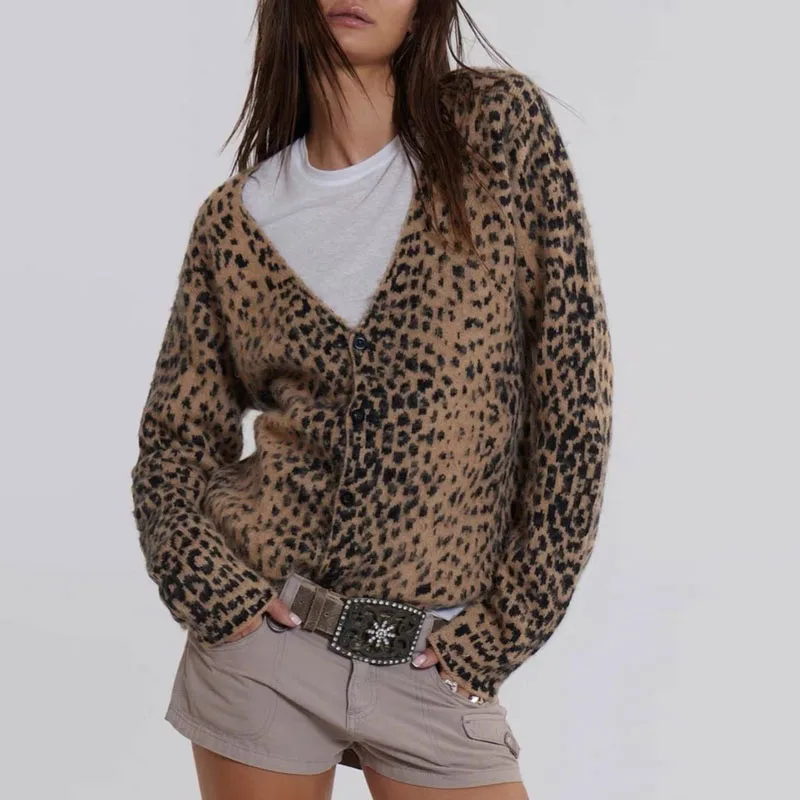 ملابس نسائية أنيقة من نسيج الفهد، معطف مفتوح من الأمام بأكمام طويلة مع أزرار، قمة الموضة الخريفية المثيرة برقبة على شكل V