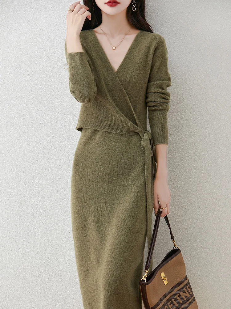 

Осень-зима женское трикотажное платье-пуловер из 100% чистой шерсти с французским v-образным вырезом элегантное легкое роскошное облегающее модное длинное юбка