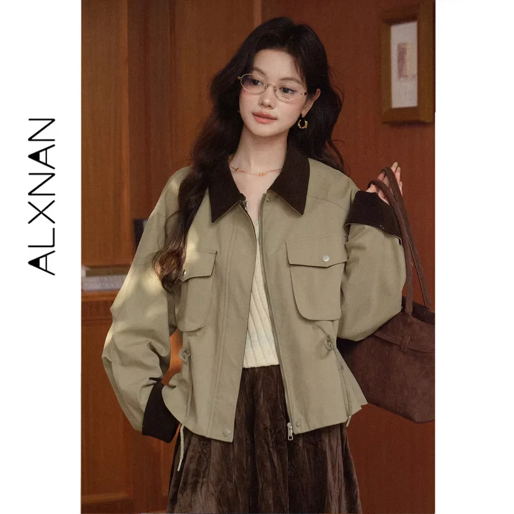 ALXNAN Women's Khaki Color Block Lapel Collar Zip Up Pocket Utility Short Jacket Loose Fit Casual Commuter Autumn 2026 L68527
