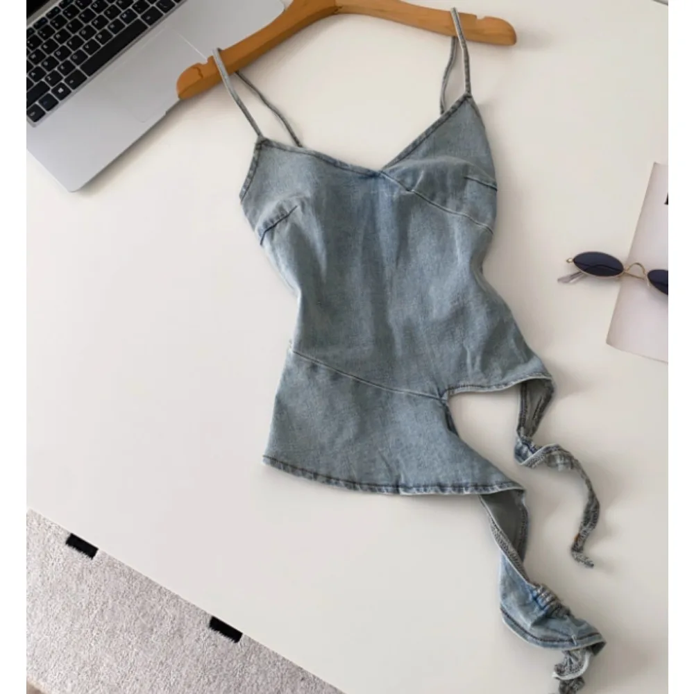 

Chic Slim split V-neck Tank Top Korean Fashion Corset Bustier Summer Hotsweet Women Y2k Sling Crop Top