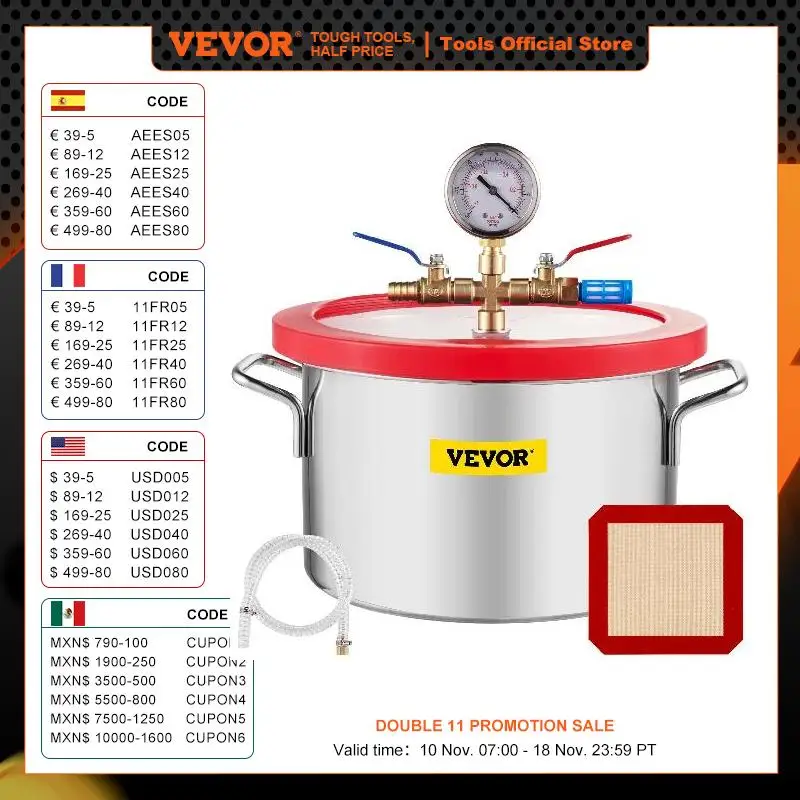 

VEVOR Stainless Steel Vacuum Chamber 1.5-5 Gallon Vacuum Degassing Chamber Glass Lid Silicones for Gas Extraction and Protect Fo