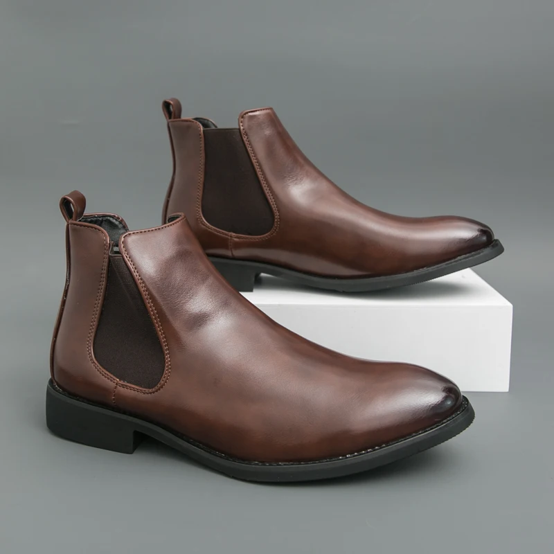 British Style Chelsea Men's Boots Leather Pointed Toe Thick Soled Business High Top Leather Shoes Outdoor Versatile Ankle Boot