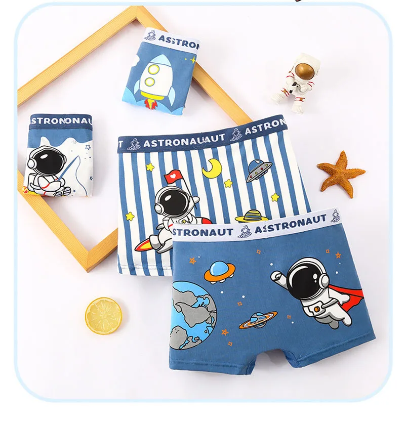 Jungenunterwäsche aus Baumwolle mit flachem Eckdesign, Astronauten- und Baufahrzeug-Motiv, blau-grün-weiße Farbe, Panda-Höschen, Kinderkleidung – Detail 2
