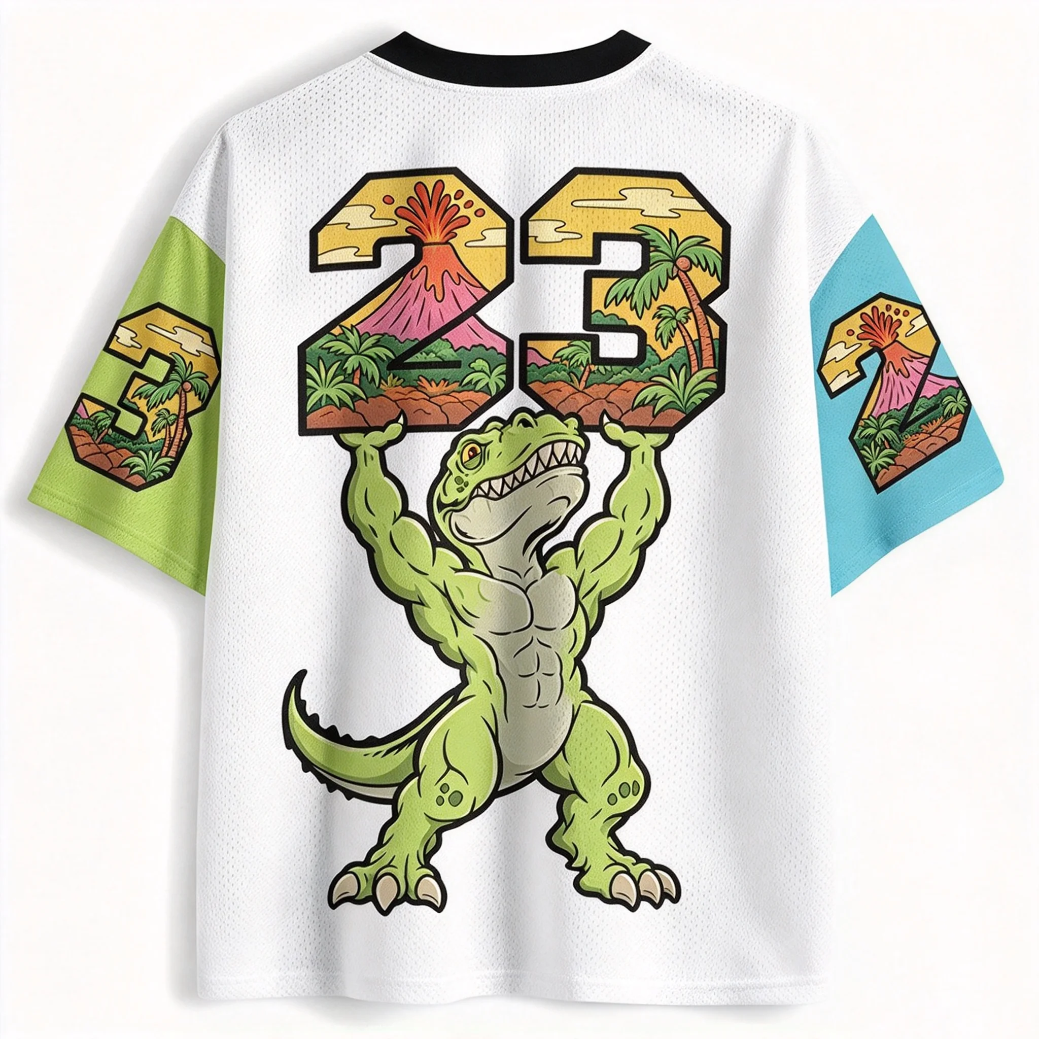 Funny Dinosaur Weightlifting V-neck Mesh T-Shirt No Pain No Gain Slogan Print Color Block Short Sleeve Casual Unisex Streetwear