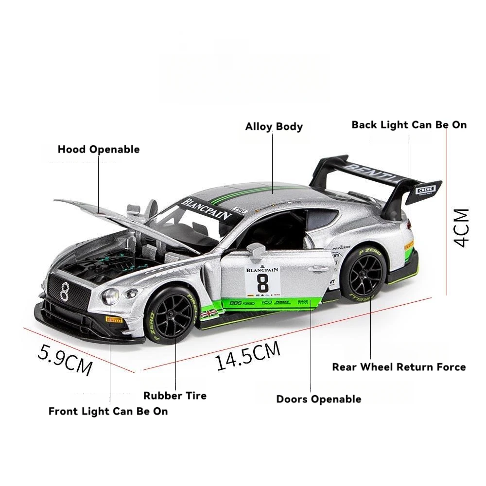 1:32 Scale Bentley Continental GT3 Series Pull-Back Car Alloy Diecast Model Metal Car Model Chritmas Gift for Boys Men