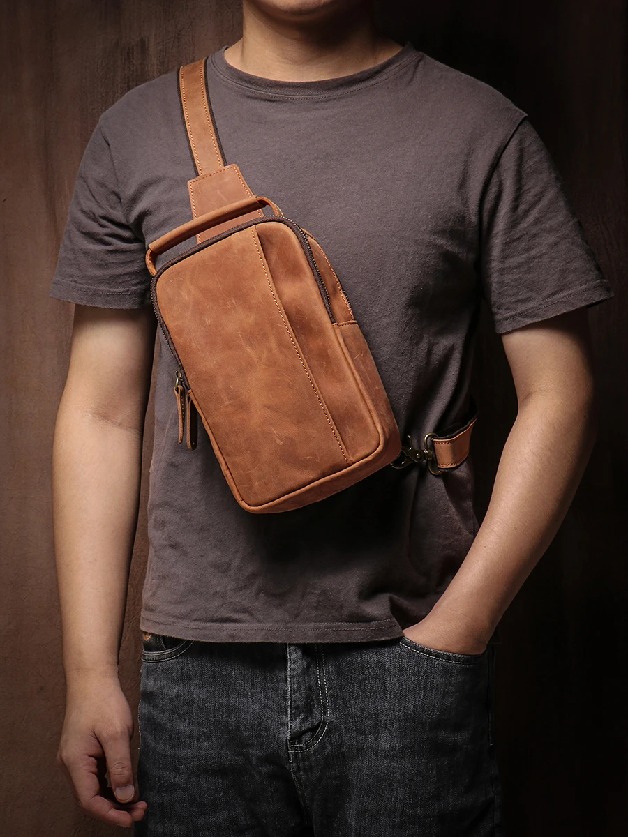 GURO Men\'s Higher Quality Chest Pack Vintage Genuine Leather Travel Sling Bag Male Luxury satchel Crazy Horse Cowhide Crossbody
