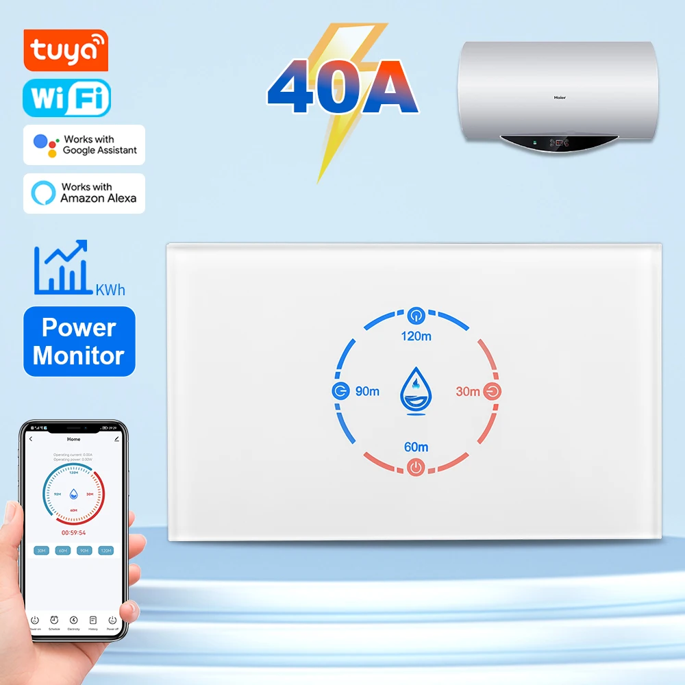 

Tuya Wi-Fi переключатель котла умный стандарт США 20A/40A с мониторингом энергии умный переключатель водонагревателя приложение голосовое управление Google Home