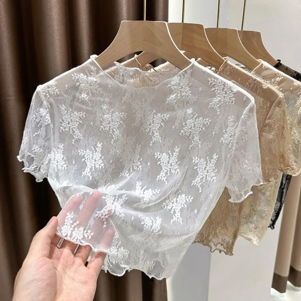 Cool Nylon Lace Short Sleeve Top Short Sleeve Breathable Sheer Mesh Blouse Thin Light Fabric Sling Dress Cover Up Women