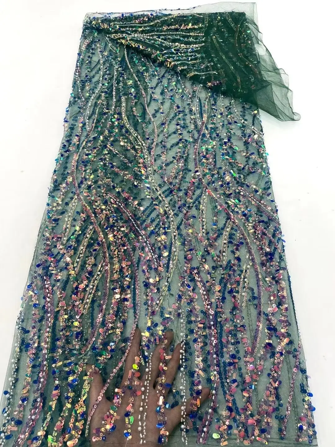 

High Quality African Nigerian L-13028710 Tulle Lace Fabric with beads and sequins French Party Dress