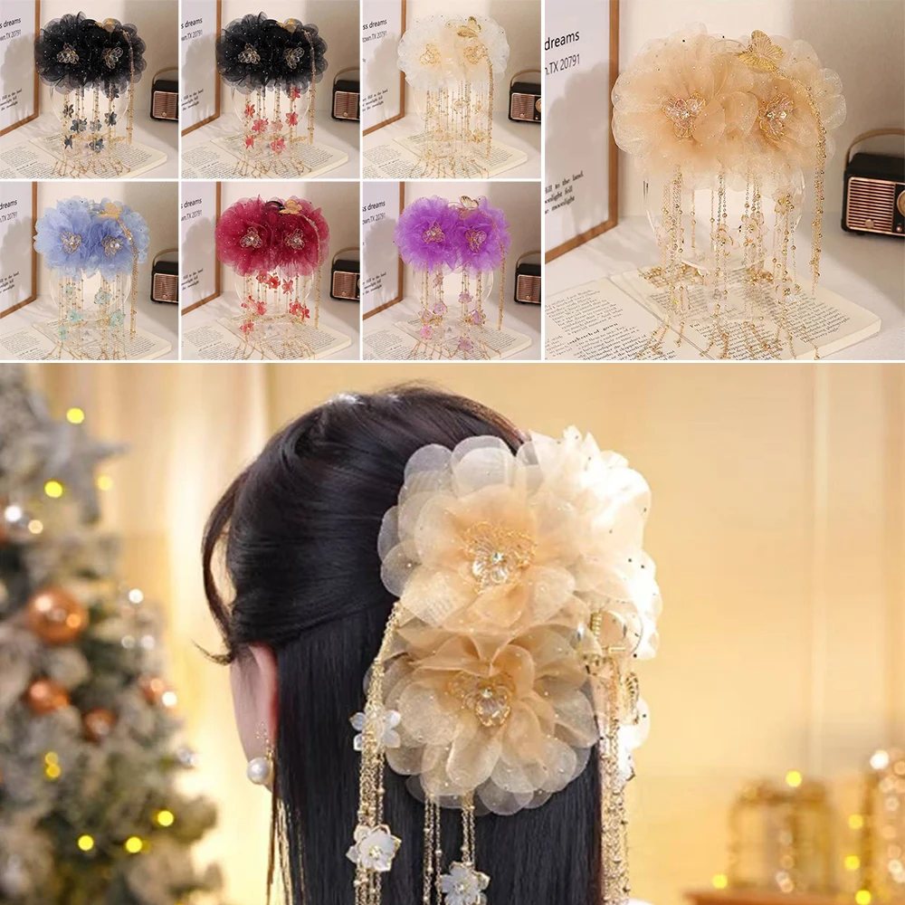 

Elegant Lotus Flower Hair Clip Butterflies Tassels Sequins Bow Hairgrips Cloth Grasping Clip for Women Sweet Fashion