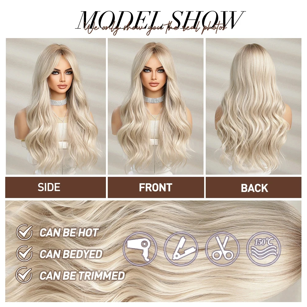 Emmor-Synthetic Long Wavy Wigs with Bangs for Women, Ombre Brown to Blond Hair, Cosplay, Natural, High Temperature Fiber