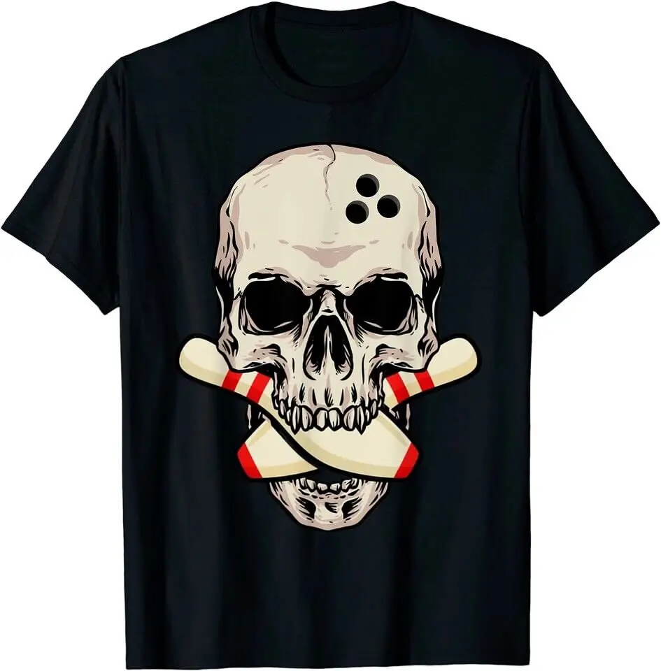 

NEW LIMITED Bowling Pins Retro Skull Skeleton Head Bowling Ball T-Shirt