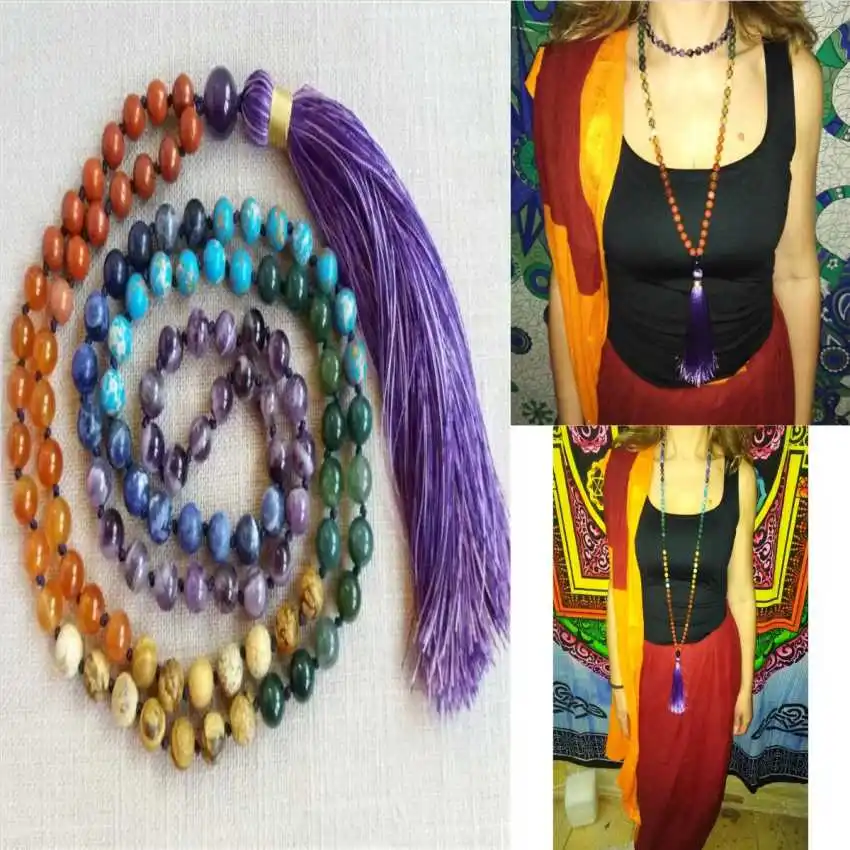 8Mm Natuurlijke Keizer Steen 108 Kralen Kwastjes Ketting Hout Chakra Kralen Edelsteen Bohemian Lariat Heilige Wear Mala Yoga