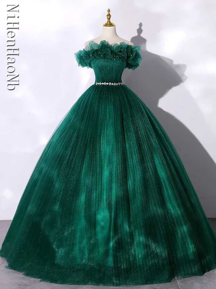 New Dark Green Long Quinceanera Dresses Women Princess Performance Banquet Party Ball Prom Dress Gown