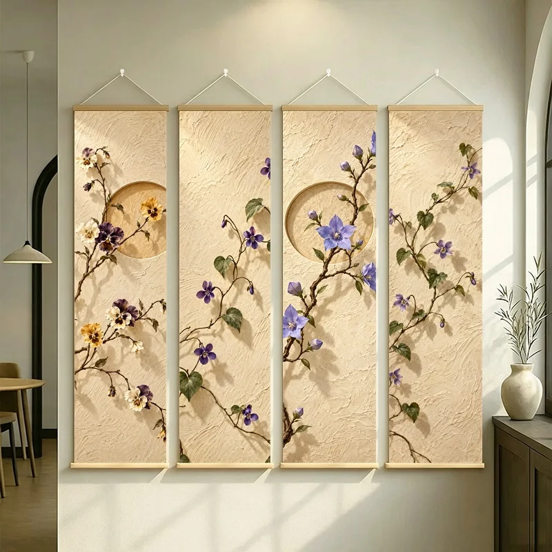 Wall Decor Balloon Flower and Pansy, Natural Wabi-Sabi Botanical Silver Shimmer Canvas Hanging Scroll for Boutique Hotel