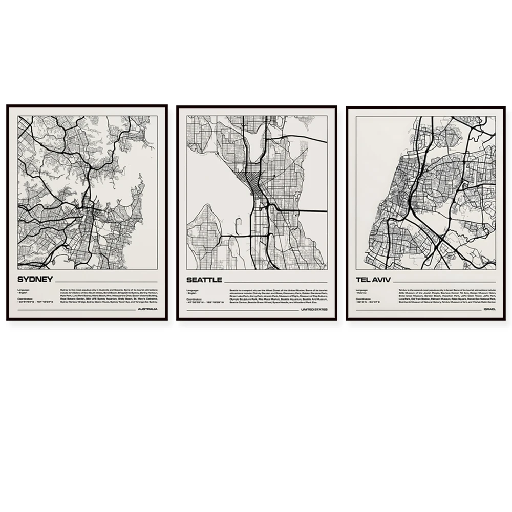 Seúl, Melbourne, Sydney, Madrid, Havana Cuba, Alemania, Tel Aviv, Sudáfrica, Rio de Janeiro, Casablanca, cartel de mapa de Seattle