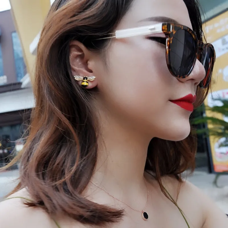 2026 Cute Hot Flower Bee Asymmetric Earrings Zircon Earrings Wholesale Fashion Jewelry Punk Stud Earrings For Women Girls Gift