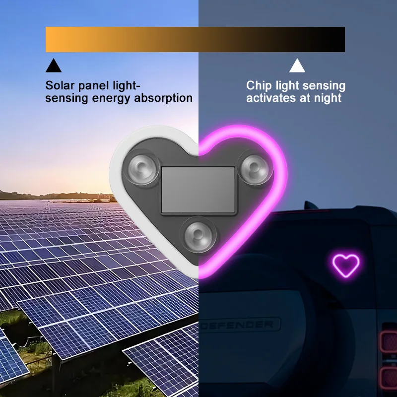Solar-Powered Heart-Shaped Car Ambient Light – Dual Charging (Type-C) LED Neon Light – Car Window Decorative Modification Light