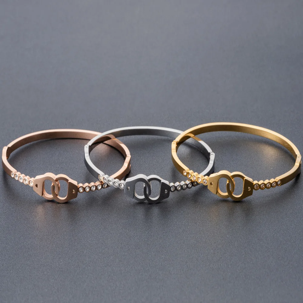 Simple Handcuffs Crystal Stainless Steel Bangles For Women Men Fashion Bracelet Gold Plated Accessories Couple Wrist Jewelry