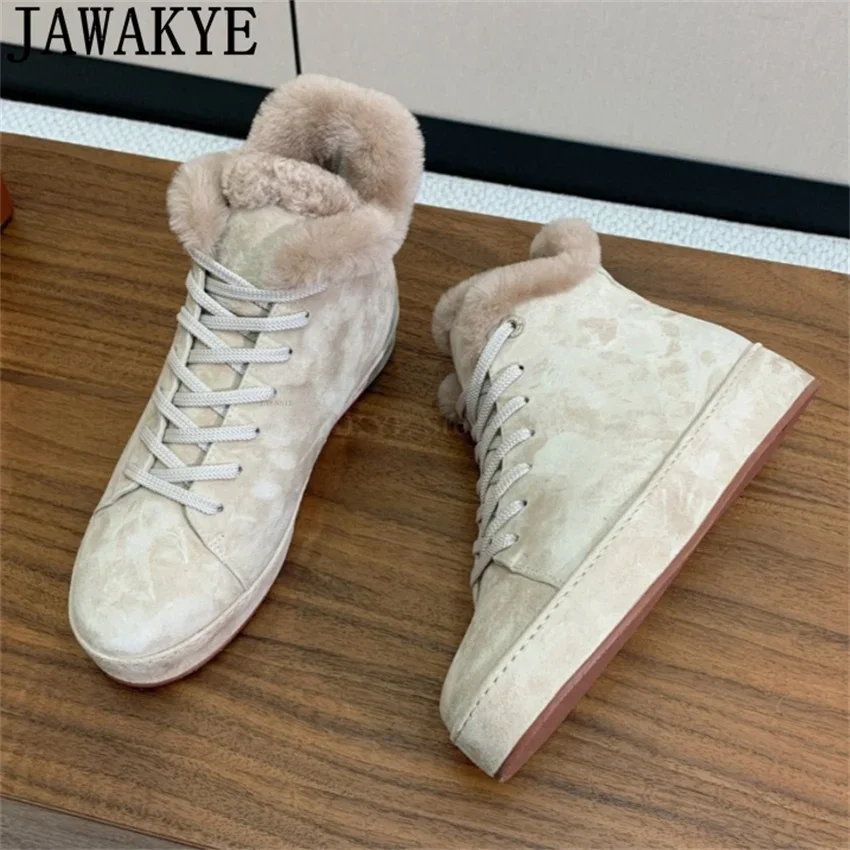 JAWAKYE Winter High Top Wool Fur Flat Shoes Women Ankle Boots Wool Collar Designer Suede Warm Casual Shoes Woman