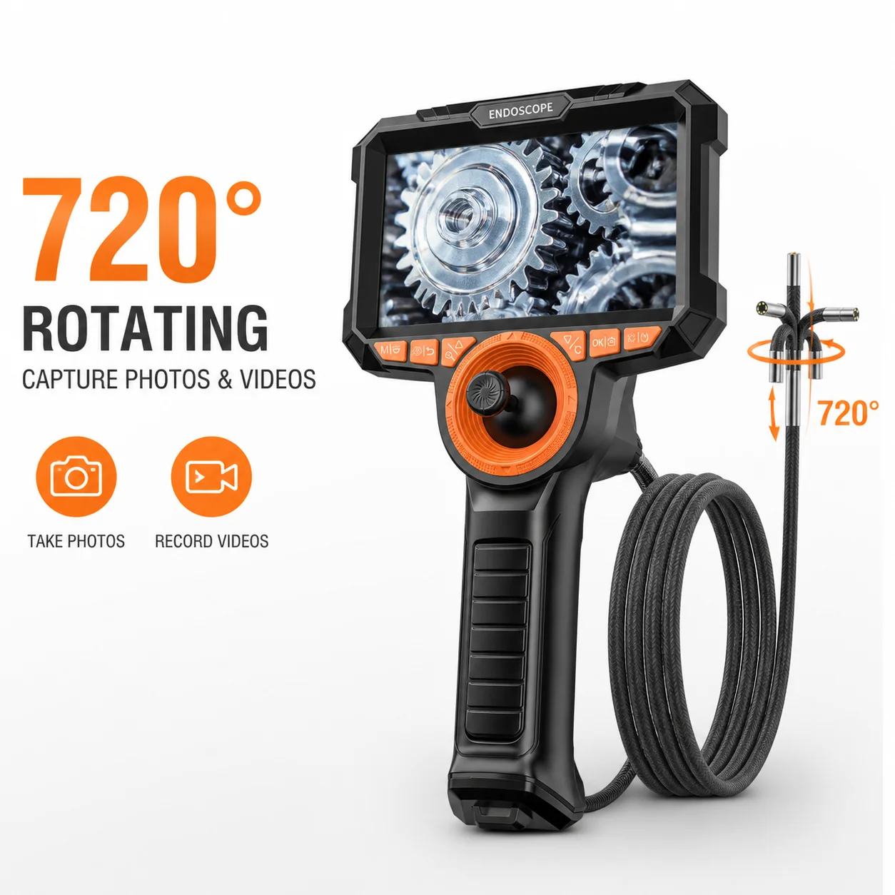 4-Way 720° Articulating Borescope HD Endoscope Camera 5' Inspection Snake Camera with Joystick Control And Light Waterproof
