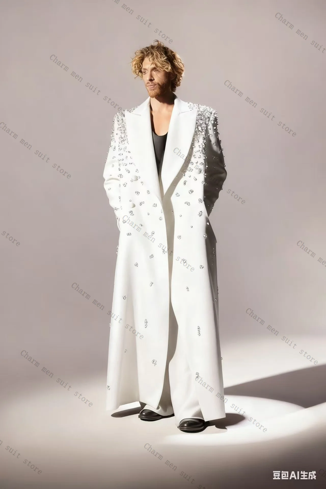 

White Crystals Men Suits 1 Pcs Long Blazer Cotton Overcoat Wedding Tuxedos Formal Office Customized Prom Dress Jacket Coat