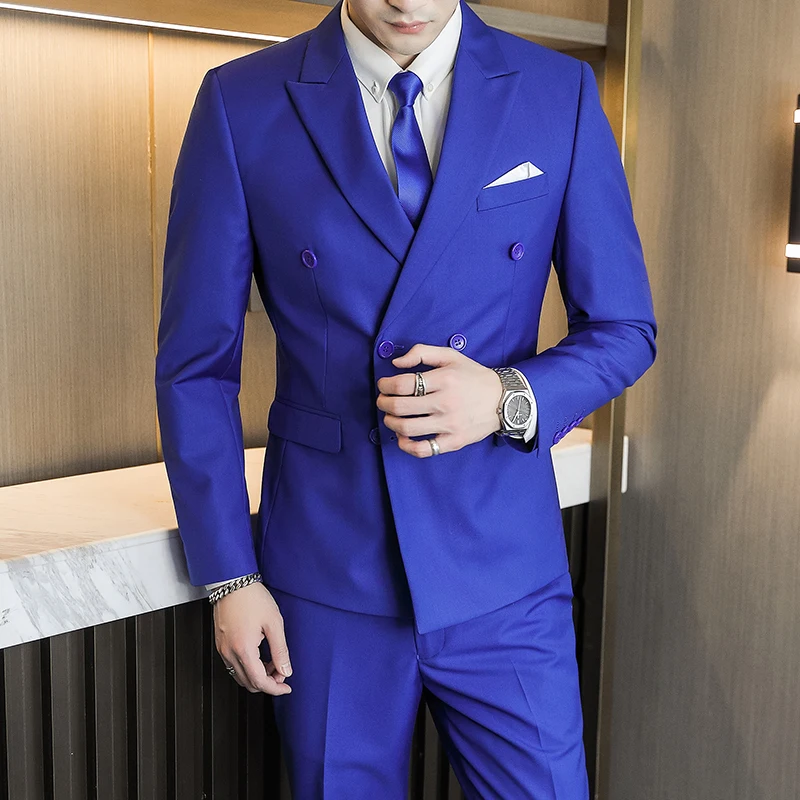 10 Color 2 Peices Sets Dress Suits Men ( Blazer + Pants) Wedding Stage Wear Double Breasted Formal Suit Costume Homme 6XL-M