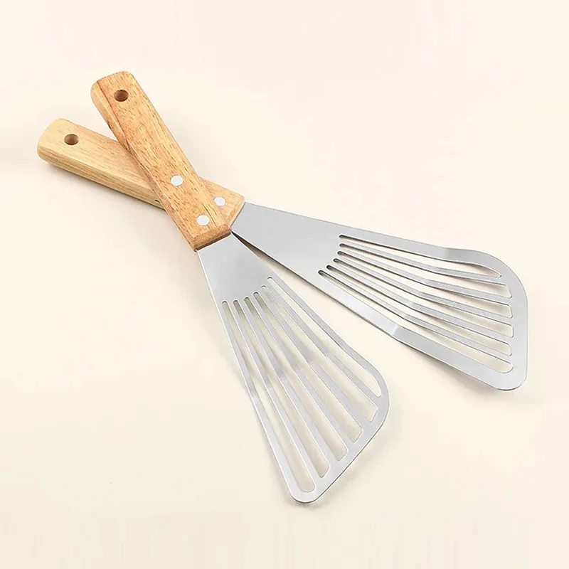 1PC Stainless Steel Fish Frying Shovel with Wooden Handle Fan-shaped Shovel Household High-temperature Frying Shovel
