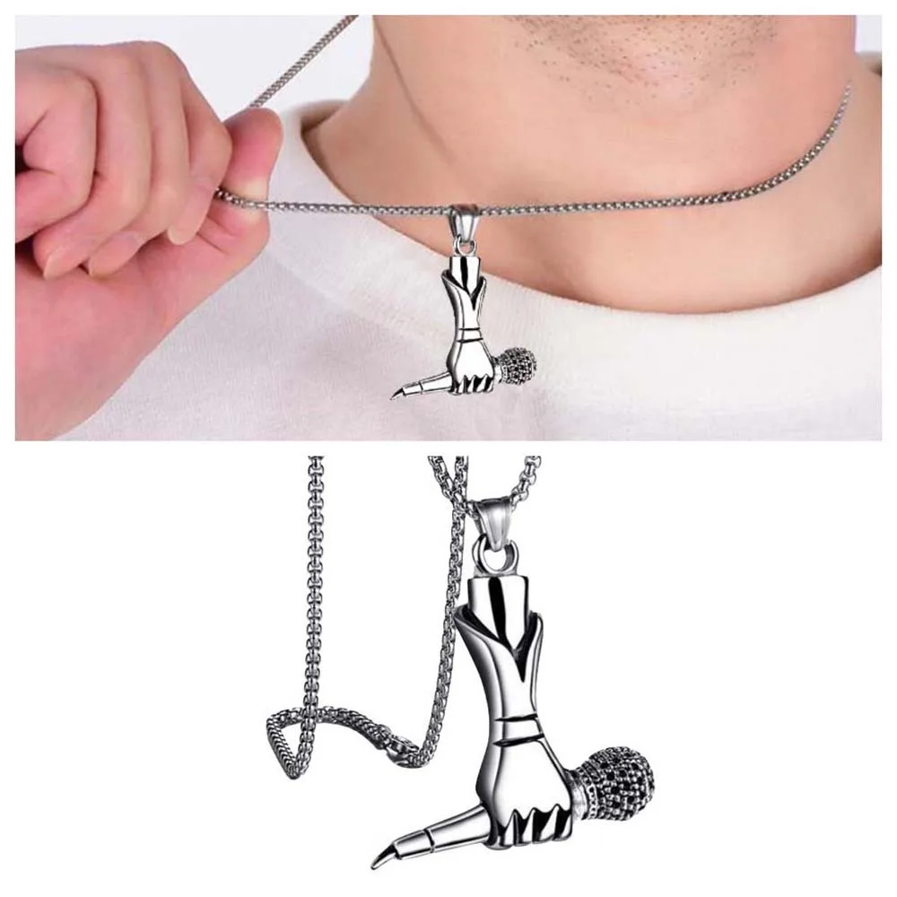 Hand Held Microphone Shape Korean Idol Necklaces Stainless Steel Clothing Accessories Men Clavicle Chains Silver Color