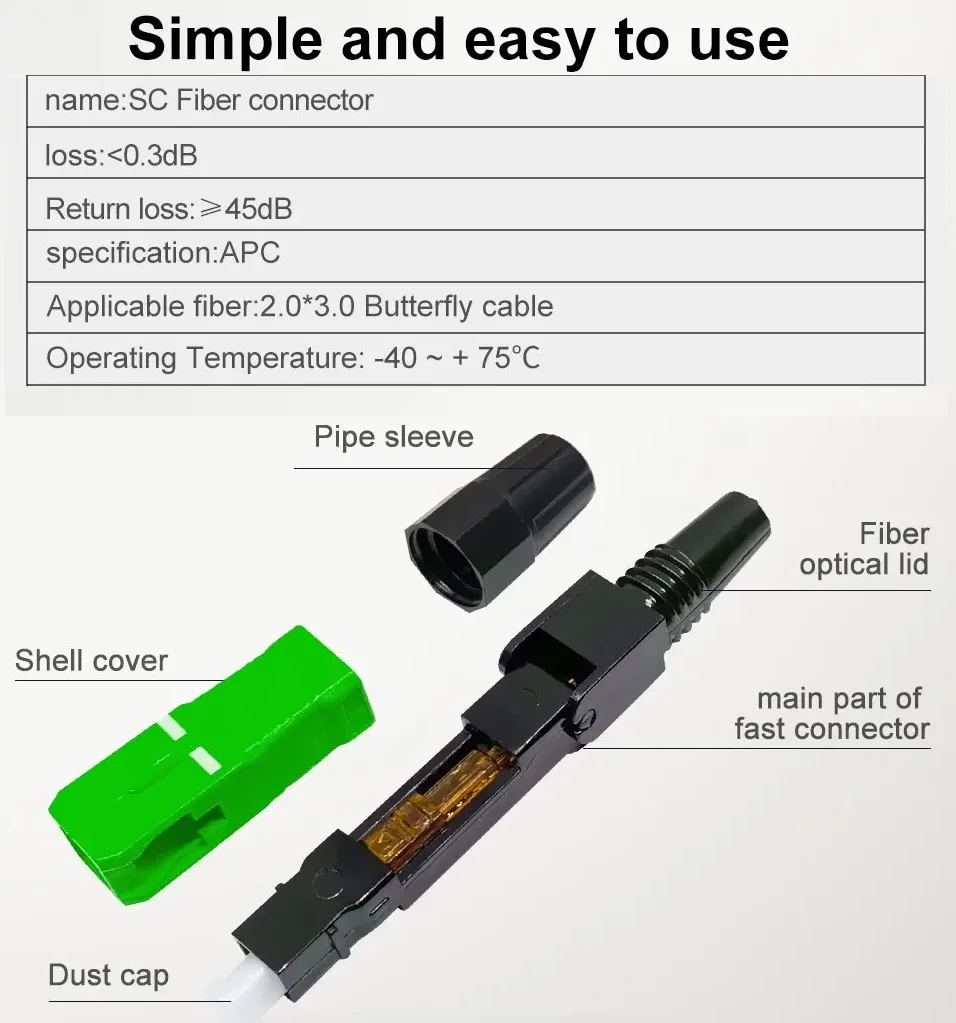 Conector de fibra óptica SC APC monomodo reutilizable conector integrado de fibra óptica rápida 58mm ftth herramienta conector de luz fría 50 100 montaje de campo rápido ftth kit de conector de conexión de luz fría