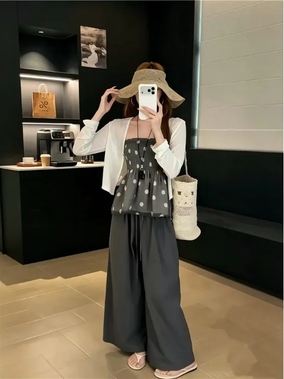 

Summer New Polka Dot Lace Casual Wide Leg Pants Three Piece Set Women's Lazy Style Top Bottom Ensemble Polyester Fabric