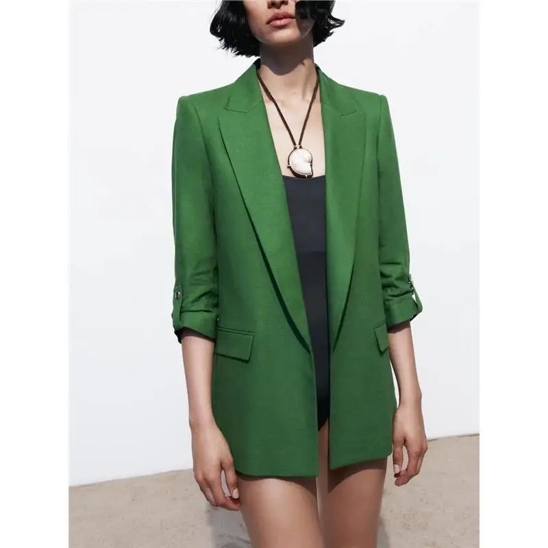 

Summer New Commuter Quali Mixed Fiber Linen Cuffed Sve Open Front Suit Jaet Ele Long Sve Regular Length