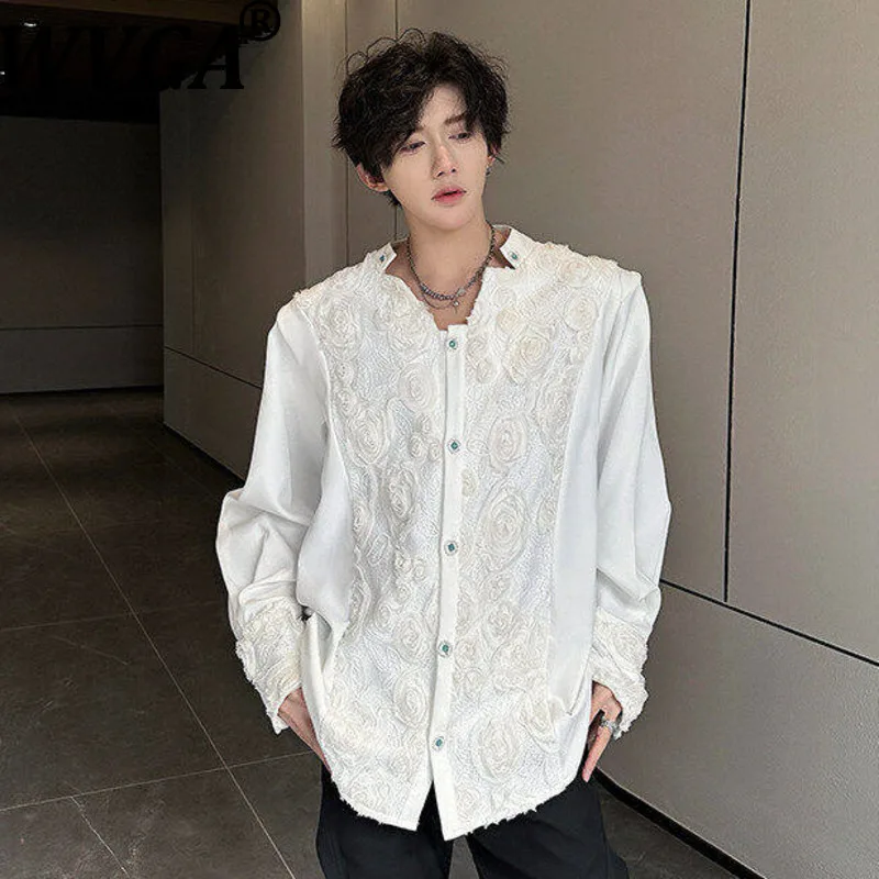 WVGA Spring Autumn New Men Niche Three-Dimensional Lace Floral Embroidery Design Long Sleeve Shirt Niche Chic Casual Tops W17401