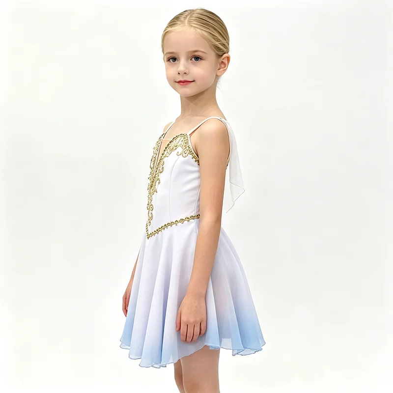 Women single pearl ribbon thin strap V neck short ballet performance dress gilded scroll lace embroidery white light blue gradie