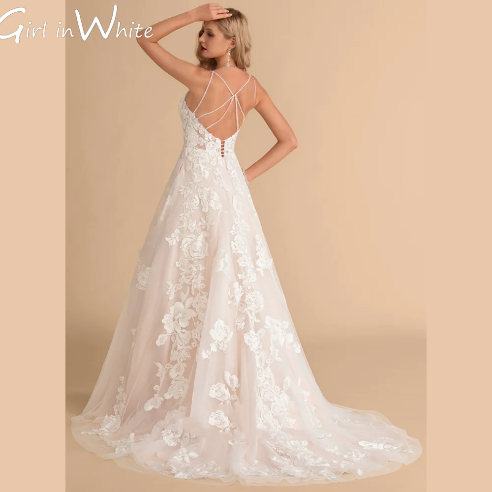 New Boho Sexy Backless A-Line Wedding Dresses Appliques Elegant V-Neck Bridal Gowns Illusion Bride Robes Vestidos De Noiva