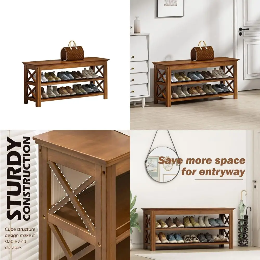 

Rustic Bamboo 3-Tier Shoe Storage Bench, 39.4 Entryway Wood Shoe Rack in X-Brown