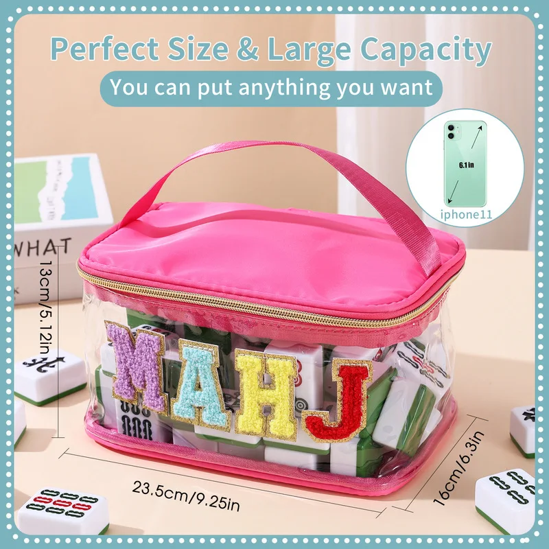 Transparent mahjong bag with creative purple embroidered letters, large-capacity portable and trendy mahjong storage bag