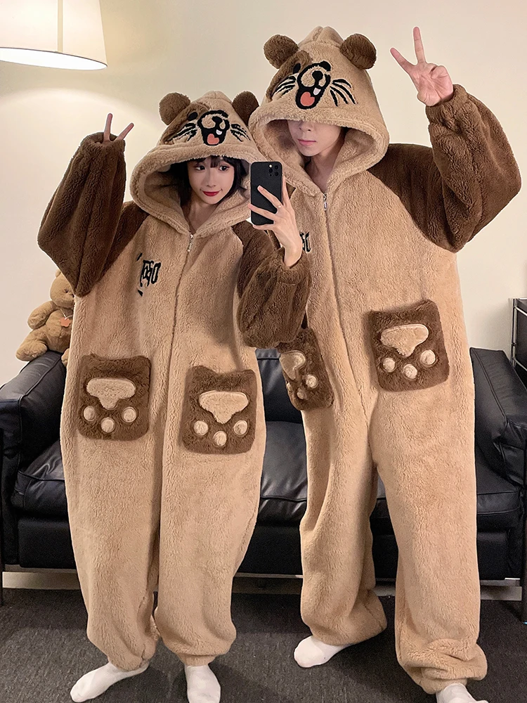 DAIMELU الكرتون لطيف منامة الرجال الخريف ملابس خاصة الشتاء سميكة المرجان الصوف الفانيلا الذكور قطعة واحدة المتسكعون دعوى نايتي