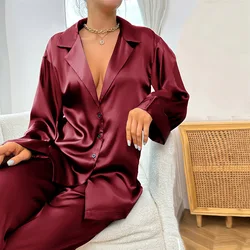 Women's Nighty Long Sleeve Buttons Lapel Neck Top With Pants 2 Piece Satin Loungewear Sexy Autumn Lounge Sets Casual Pajama Set