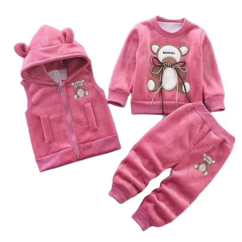 Hooded Vest+Sweater+Pants 3Pcs Suit Winter Warm Velvet Plush Cartoon Bear Kid Toddler Set Boys Girls Autumn Casual Clothes 1-4 Y