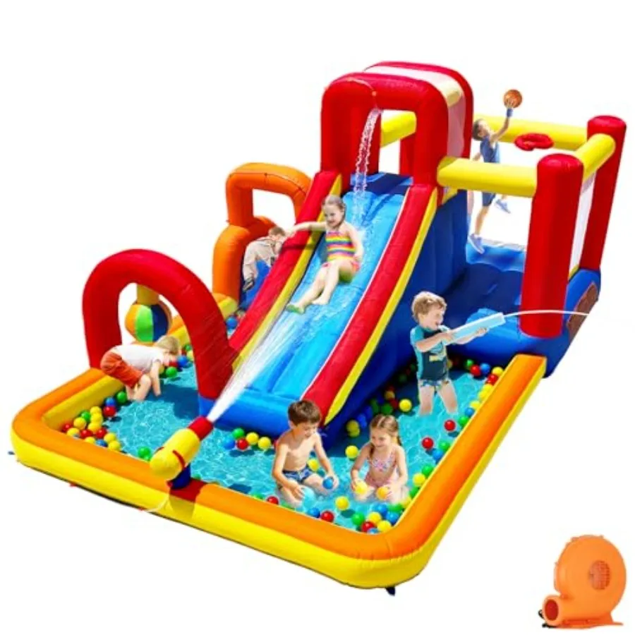 Inflatable Water Slide Bounce House Obstacle Course with Large Splash Pool Climbing Wall Boxing Ball Small ClimbSlide Backyard