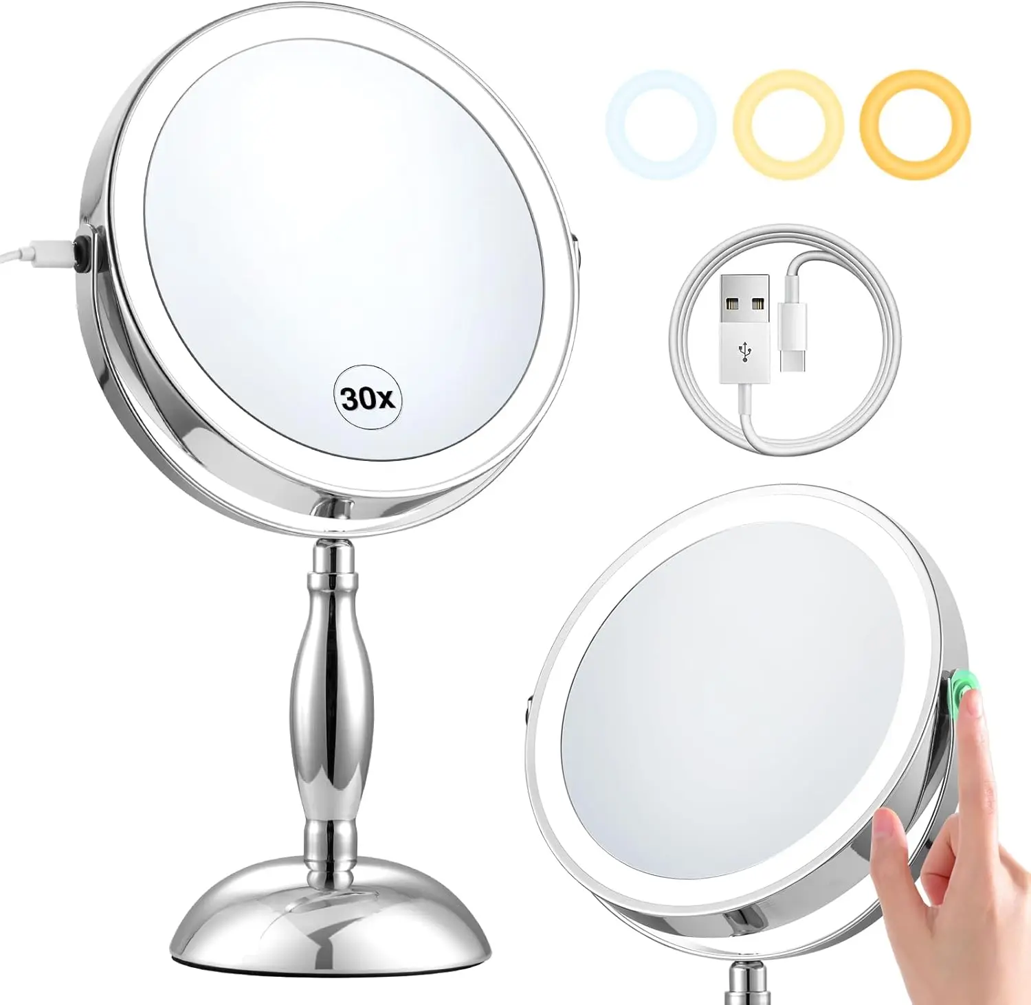 

30x Magnifying Mirror with Light, 3 Color Modes, Adjustable Brightness, Rechargeable Battery, 360° Rotation for Makeup and Gifts